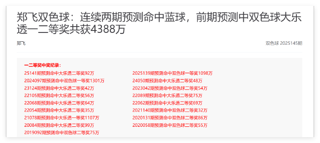 火爆!新浪专家6期命中8个双色球一等揽6942万