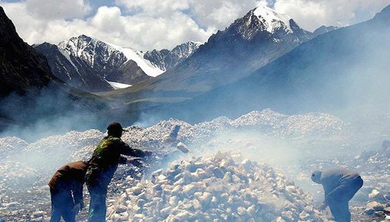 2006年，乌鲁木齐南山的天山一号冰川下，阿魏菇种植户在已经拆迁过的蘑菇大棚原址上燃烧着数不清的“蘑菇棒子”，影响到一号冰川的生态环境。