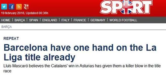 《每日体育报》认为巴萨夺冠要稳了