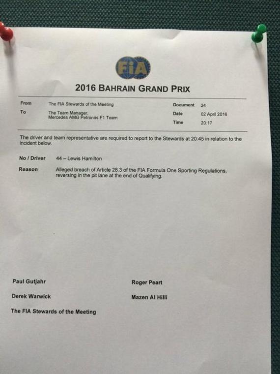 FIA召唤汉密尔顿的声明文件