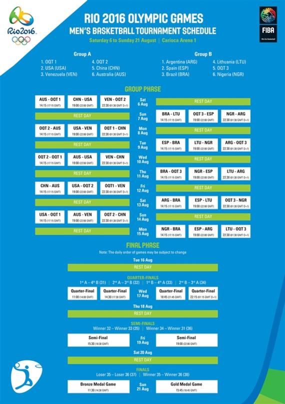 里约奥运会男篮赛程出炉 中国8月7日首战美国