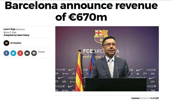 巴萨上赛季赚了6.7亿欧元