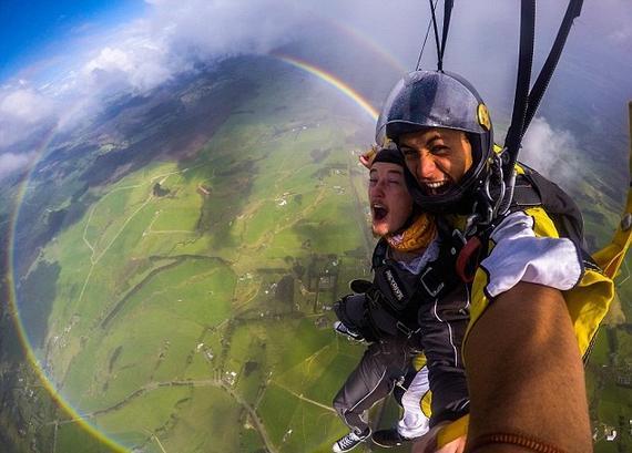 震撼！英男子高空跳伞幸运抓拍到圆形彩虹