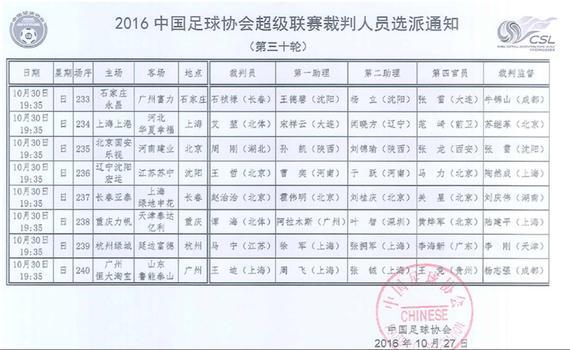 中超第30轮裁判安排