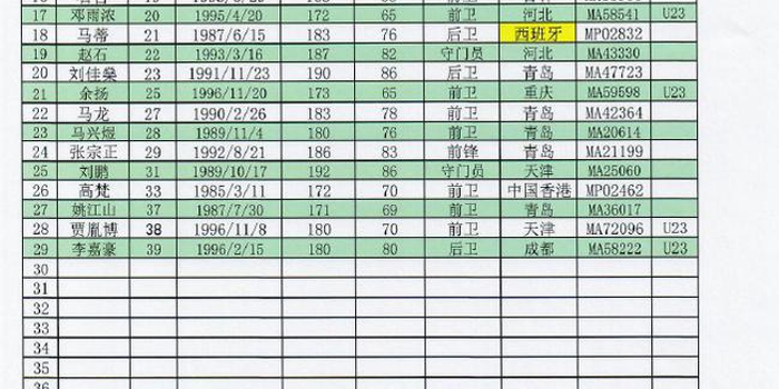2017中甲联赛名单之青岛黄海