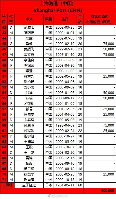 上海海港亚冠报名名单：日籍教练金子隆之挂帅