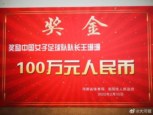 河南省体育局洛阳市政府奖励女足队长王珊珊100万
