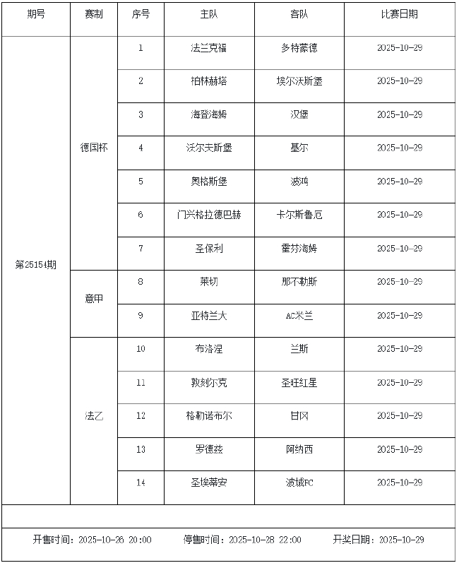 10月24日-30日足彩赛程：停售5期 半全场&amp;进球派奖