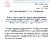 欧足联官方宣布欧洲杯推迟一年进行