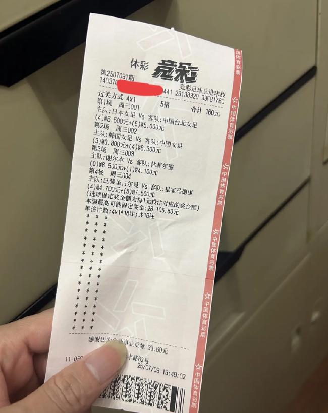 神!彩民224元中竞彩1.1万 擒巴黎55倍比分-票
