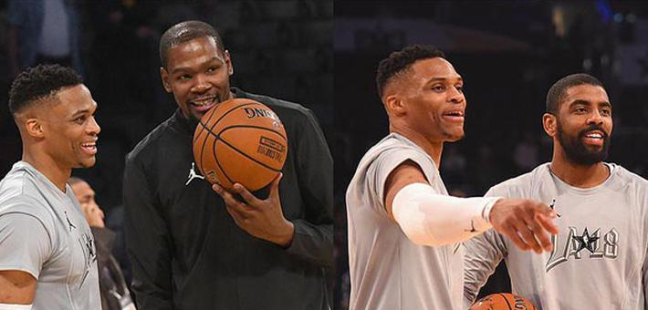 威少KD与欧文热身中畅聊