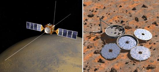 火星快车号(三根天线是测地雷达)和小猎犬2号艺术想象。来源:ESA