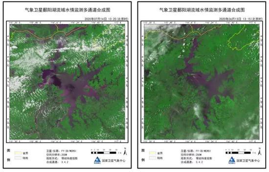鄱阳湖洪水对比 左:7月14日 右:6月13日 来源:国家卫星气象中心