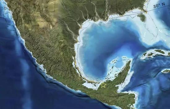 图2。 早中新世墨西哥东南部古地理地图,星号标注了位于墨西哥恰帕斯的Campo La Granja矿的大致位置(引自http://cpgeosystems.com/paleomaps.html)