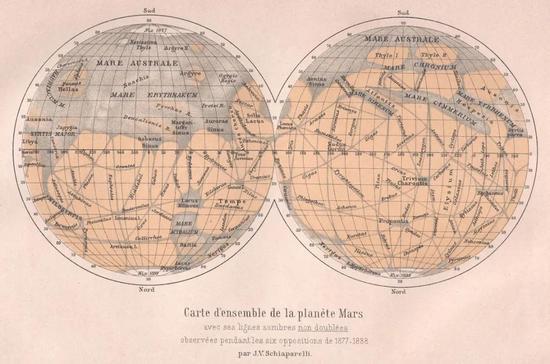 1877年意大利天文学家斯基亚帕雷利绘制的火星地图,“沙漏海(efh)”已经更名为沿用至今的“大瑟提斯”,他也是第一个看到“奥林匹斯山”的人。