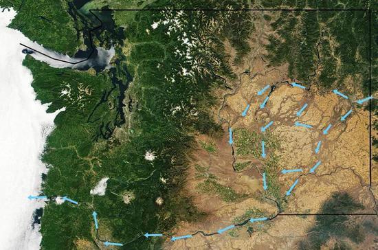 Missoula洪水在Channeled Scablands的主要路径(来源:The Seven Wonders of Washington State)