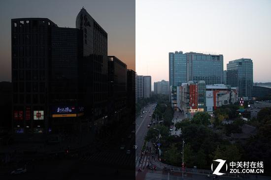 实拍环境下,日落时分我们降低三档曝光拍摄,已经接近正常拍摄的常用极限