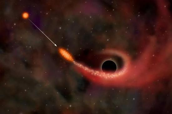 恒星潮汐撕裂事件艺术想象图。当星系中一颗恒星运动足够靠近黑洞,其受到的潮汐力超过自身引力的时候,就会被撕裂瓦解。部分撕碎的物质被黑洞吸积,产生明亮的电磁闪耀。图片来源:NASA/CXC/M.Weiss。