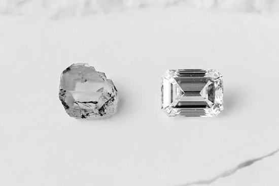 左:Diamond Foundry的等离子室出炉的原石 右:经专业人士切割、抛光之后的钻石