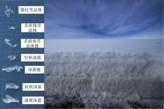 天山山区积雪剖面和各雪晶体的形态(摄影: 范书财2019年1月10日拍摄于新疆奇台县境内山区)