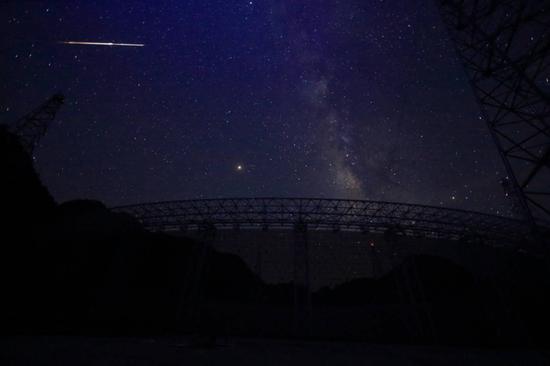 图8:FAST与夜空,照片左上角为正好划过天空的一颗流星,图片来源:FAST张蜀新、黄琳