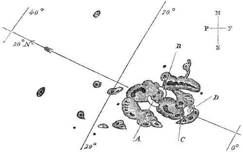 卡林顿在1859年9月1日的素描的太阳黑子。A和B标记了一个强烈的明亮事件的初始位置,该事件在消失之前经过五分钟的时间移动到C和D。(图片来源:维基百科)