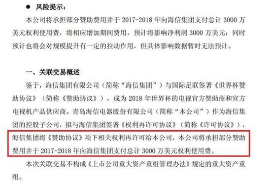 海信集团世界杯的赞助费公告