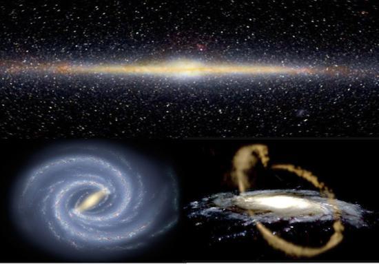 图二:银河系的侧视图与俯视图,以及穿过她的星流(图片取自网络)。