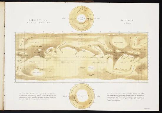 1877年英国画家纳撒尼尔·格林绘制的火星地图,其中对地貌的命名基本与普罗克特一致。