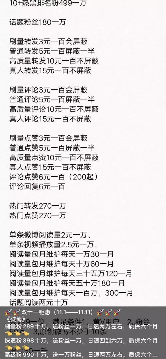 网红提供的机构“刷量”报价