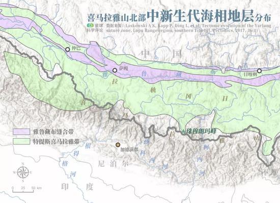 喜马拉雅山北部中新生海相地层分布