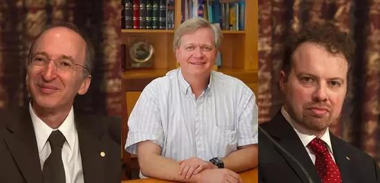 从左至右依次为这三位诺贝尔物理学奖获奖者:索尔·珀尔马特(Saul Perlmutter)、布赖恩·施密特(Brian Schmidt)和亚当·里斯(Adam Riess)。图片来源:Wikipedia