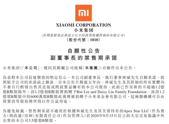 图源:小米集团公告