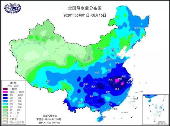 2020年6月1日-8月16日全国降水量分布图(来源:国家气候中心)