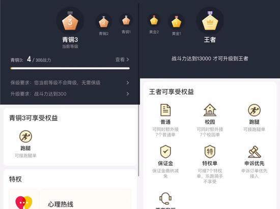 类似王者荣耀,骑手也有从青铜到王者的过程 能享受的权益也不一样 图源:美团众包App