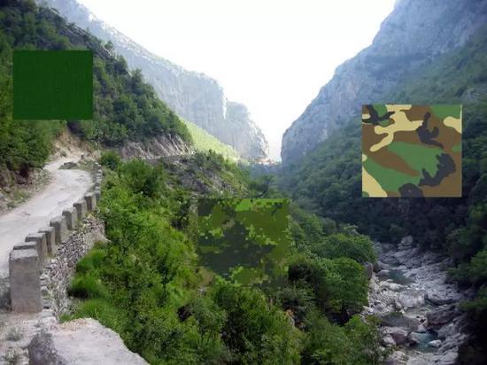 军绿色(左),MARPAT 迷彩(中),以及老式迷彩 NATO camo(右)的隐藏效果对比。