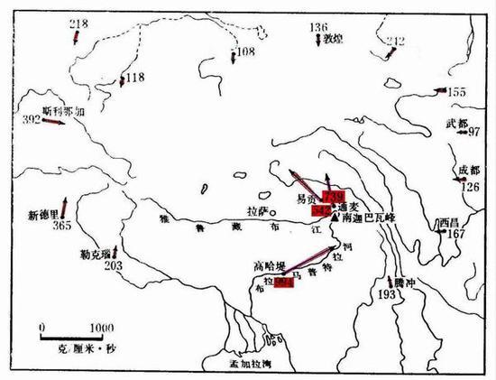 青藏高原四周向高原腹地水汽输送示意图,在雅鲁藏布江大拐弯处有向西北方向的强劲的水汽输送,但依然无法突破高原的崇山峻岭。图片来源高登义等(1985)