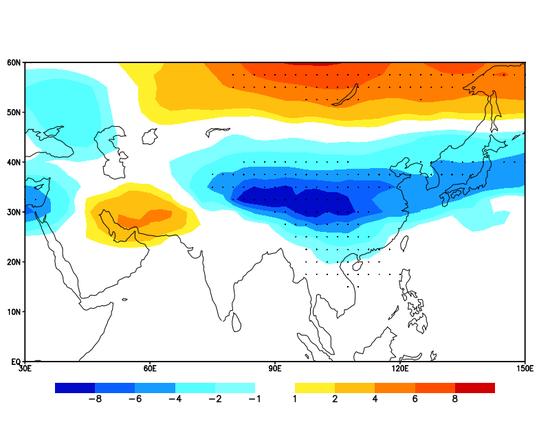 1979-2018年1月,亚洲大陆对流层顶气压对同期青藏高原东部(90°E-102°E,28°N-35°N)平均气温指数的回归分析(填色,单位hPa/℃),打点区域为通过0.05显著性检验地区 | 作者绘图