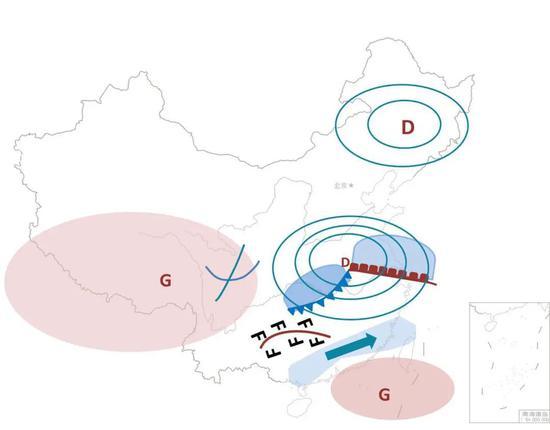 图为影响夏季降水的天气系统。(东北冷涡和江淮气旋为低压系统,用字母D表示;青藏高压和副热带高压都为高压系统,用字母G表示) 图/文 李慧 地图来源:标准地图服务官网 审图号:GS(2016)1569号 自然资源部 监制