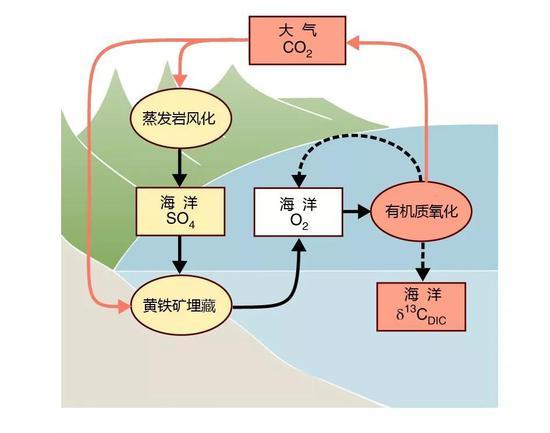 蒸发岩风化与海洋有机碳库氧化的正反馈模型图,蒸发岩中的硫酸盐是地球氧化剂的“蓄电池”