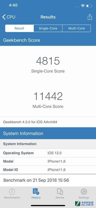 iPhone XS Max跑分情况(左边安兔兔、右边Geekbench)