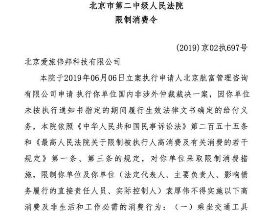 袁伟收到的限制消费令 来源 / 天眼查