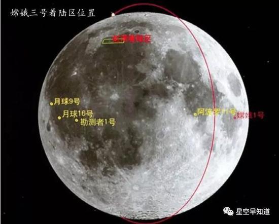 左上方的“虹湾”即为“嫦娥3号”的着陆区,注意右侧“嫦娥1号”的撞击点,在完成任务后,“嫦娥1号”主动撞击了月面