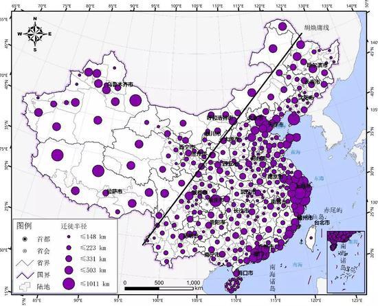 ▲图16 人口迁出加权迁徙半径分析结果