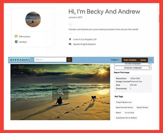 图注:在反向图片搜索后,Becky and Andrew的账号图片在互联网上的其他地方出现了。