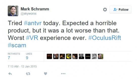 一位国外用户在Twitter上吐槽蚁视产品是他遇过的“最烂VR体验”