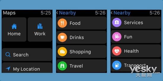 苹果Watch OS 2.2提供包括“家里”、“公司”、“搜索”和“附近”等四个快捷导航