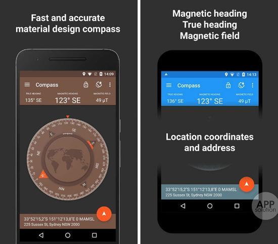 指南针适用于 Android 2.3+ 的设备,大小 3.8 MB,免费有去广告内购。