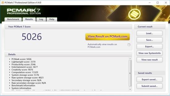 从PCMark7的测试中该机得到了5026的高分,这个分数是该机各方面配合的体现。