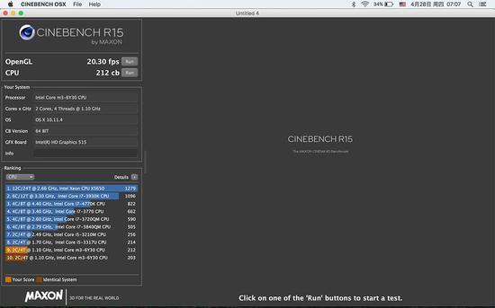 另外一项 CineBench 的测试结果: